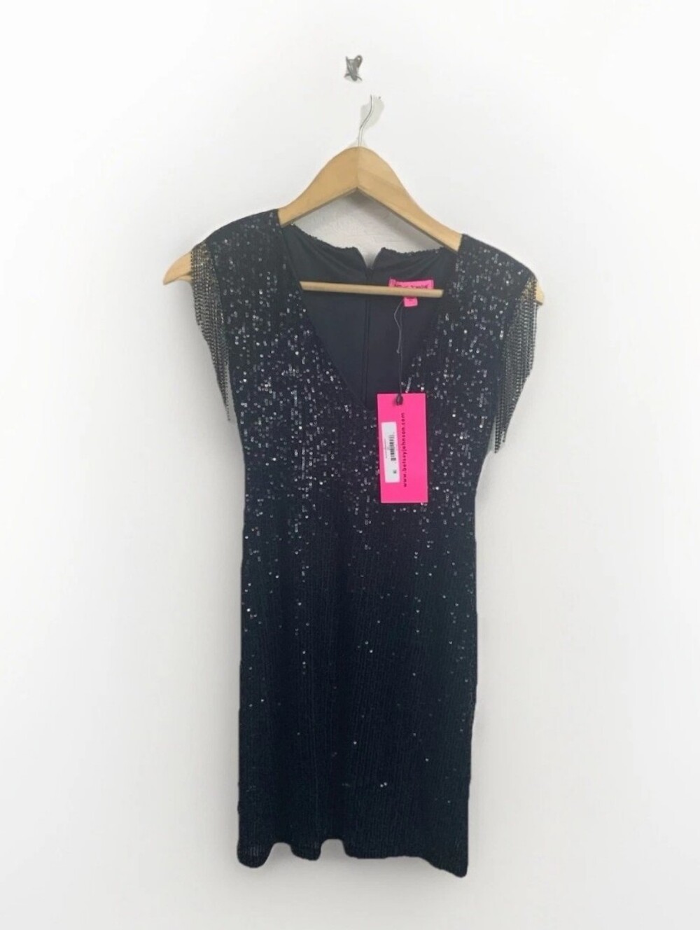 Betsey Johnson NWT Black Sequin Bodycon Mini Dress Chain Fringe Epaulet V-Neck